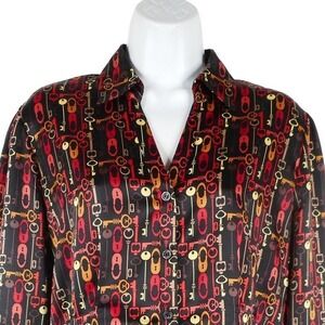 East 5th Top Womens Large Black Multicolor Long Sleeve Keys Print Button-Up